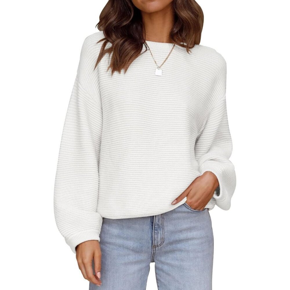 Women's Pullover Sweater Tops White Crew Neck Long Sleeve Casual Loose Knit